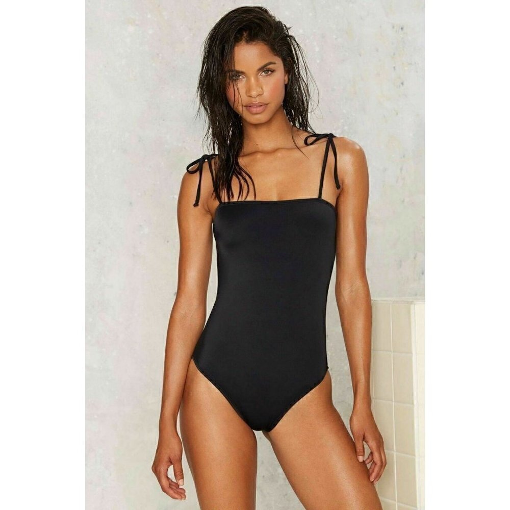 Nasty Gal Rene Tie-Strap Swimsuit Black Size S M $78 NG2
